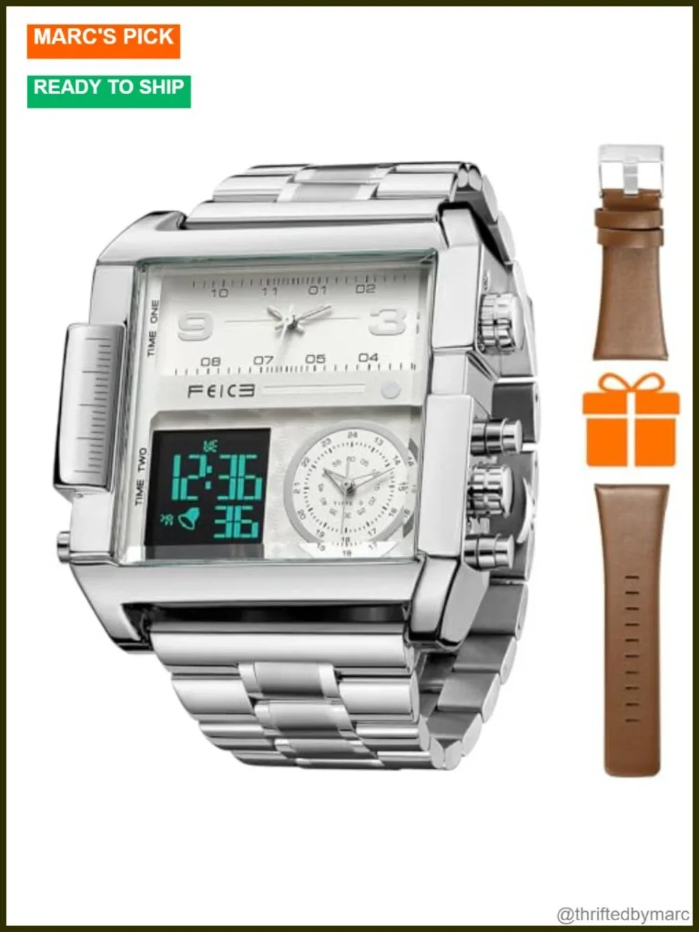 Multifunction Square Chronograph Men's Watch Leather Strap Quartz Alarm Calendar